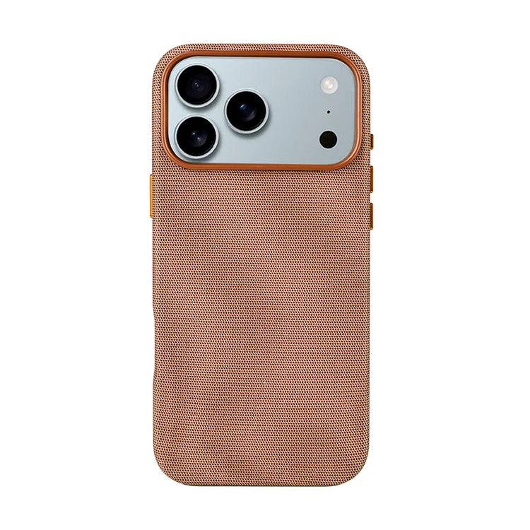 Novoa FineCase 17 linen-textured iPhone 17 case with MagSafe compatibility and raised camera protection in deep orange color